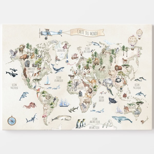 FRENCH Carte du Monde Beige CANVAS / World Map FRENCH Version/ Carte du Monde Enfant / Mappemonde Animaux / Décoration Murale Chambre Enfant