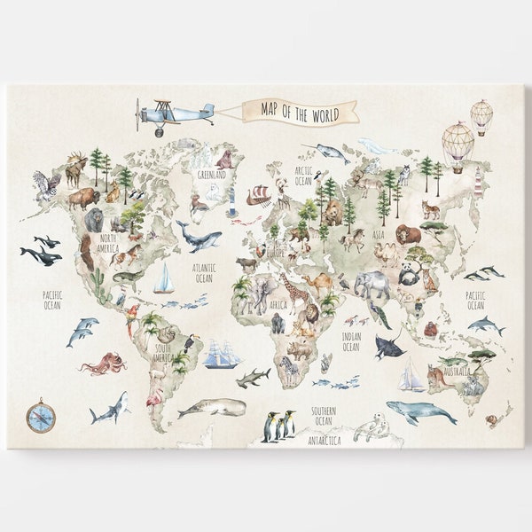 ENGLISH Kids World Map Beige CANVAS / Animal World Map ENGLISH Version / Nursery World Map / Kids Room Wall Decor / Kids Wall Art