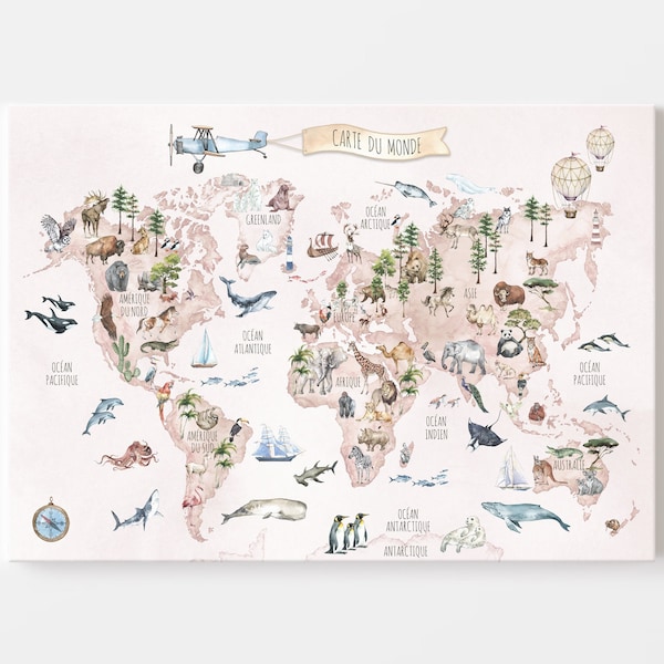 FRENCH Carte du Monde Pink CANVAS / World Map FRENCH Version / Carte du Monde Enfant / Mappemonde Animaux / Décoration Murale Chambre Enfant