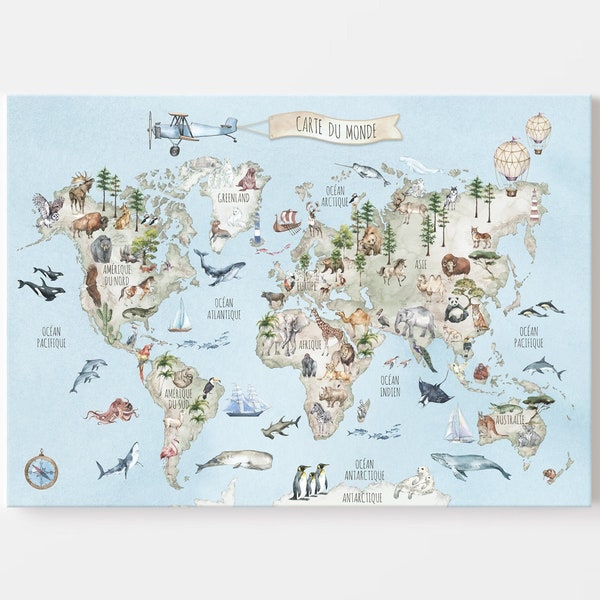 FRENCH Carte du Monde Blue CANVAS / World Map FRENCH Version / Carte du Monde Enfant / Mappemonde Animaux / Décoration Murale Chambre Enfant