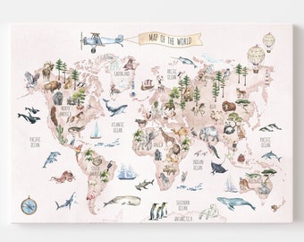 ENGLISH Kids World Map Pink CANVAS / Animal World Map ENGLISH Version / Nursery World Map / Kids Room Wall Decor / Kids Wall Art