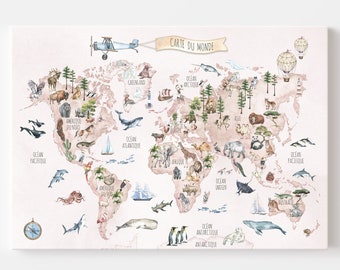FRENCH Carte du Monde Pink CANVAS / World Map FRENCH Version / Carte du Monde Enfant / Mappemonde Animaux / Décoration Murale Chambre Enfant