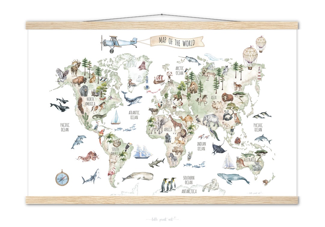 Watercolor Animal World Map Poster, Kids Nursery Decor - Etsy