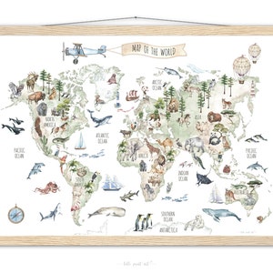 Weltkarte Poster für Kinder / Karte der Tiere / Kinderzimmer Dekor / Kinderzimmer Wanddeko / Kinderzimmer Wand Kunst