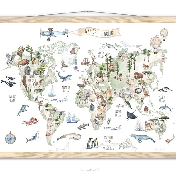 Kids World Map Poster / Animal World Map / Nursery Decor / Kids Room Wall Decor / Kids Wall Art