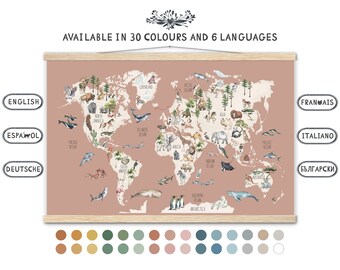 Watercolor Animal World Map Poster, Kids Nursery Decor