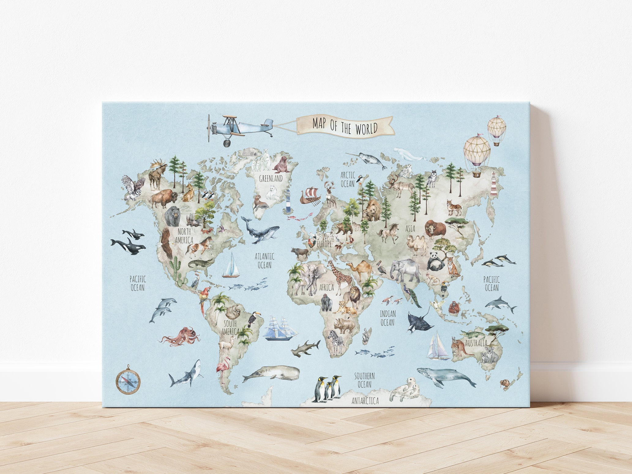 Animal World Map CANVAS / ENGLISH Version / Kids Room Wall Art ...