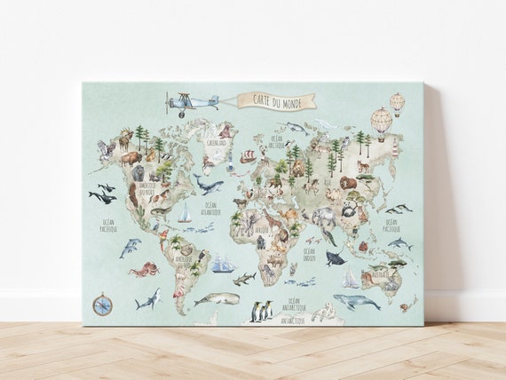 FRENCH Carte Du Monde Green CANVAS / World Map FRENCH Version/ Carte Du Monde  Enfant / Mappemonde Animaux / Décoration Murale Chambre Enfant 