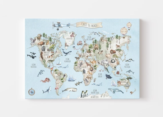 FRENCH Carte Du Monde Blue CANVAS / World Map FRENCH Version