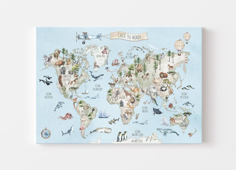 May include: A light blue world map with illustrations of animals and text in French. The map includes the continents of North America, South America, Europe, Asia, Africa, Australia, and Antarctica. The map also includes the oceans of the world. The text on the map reads "Carte du Monde".