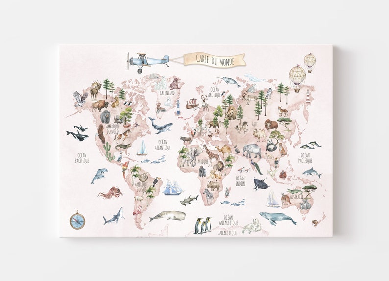 May include: A watercolor world map with animals and ocean life. The map is on a pink background with the text "Carte du Monde" in a banner at the top.