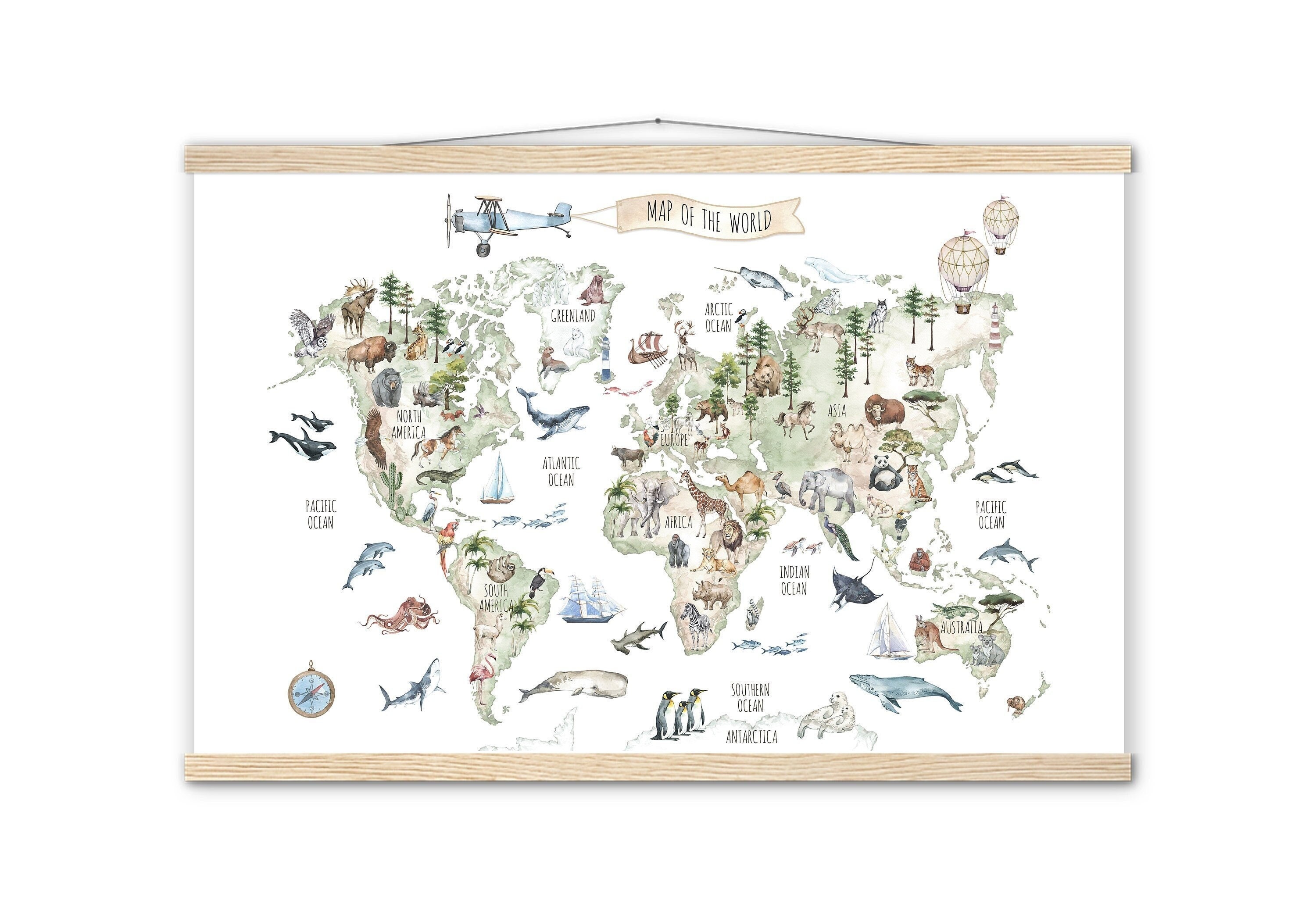 Affiche de La Carte Du Monde Pour Enfants/Carte Des Animaux Décoration Crèche Murale Chambre Art Mur