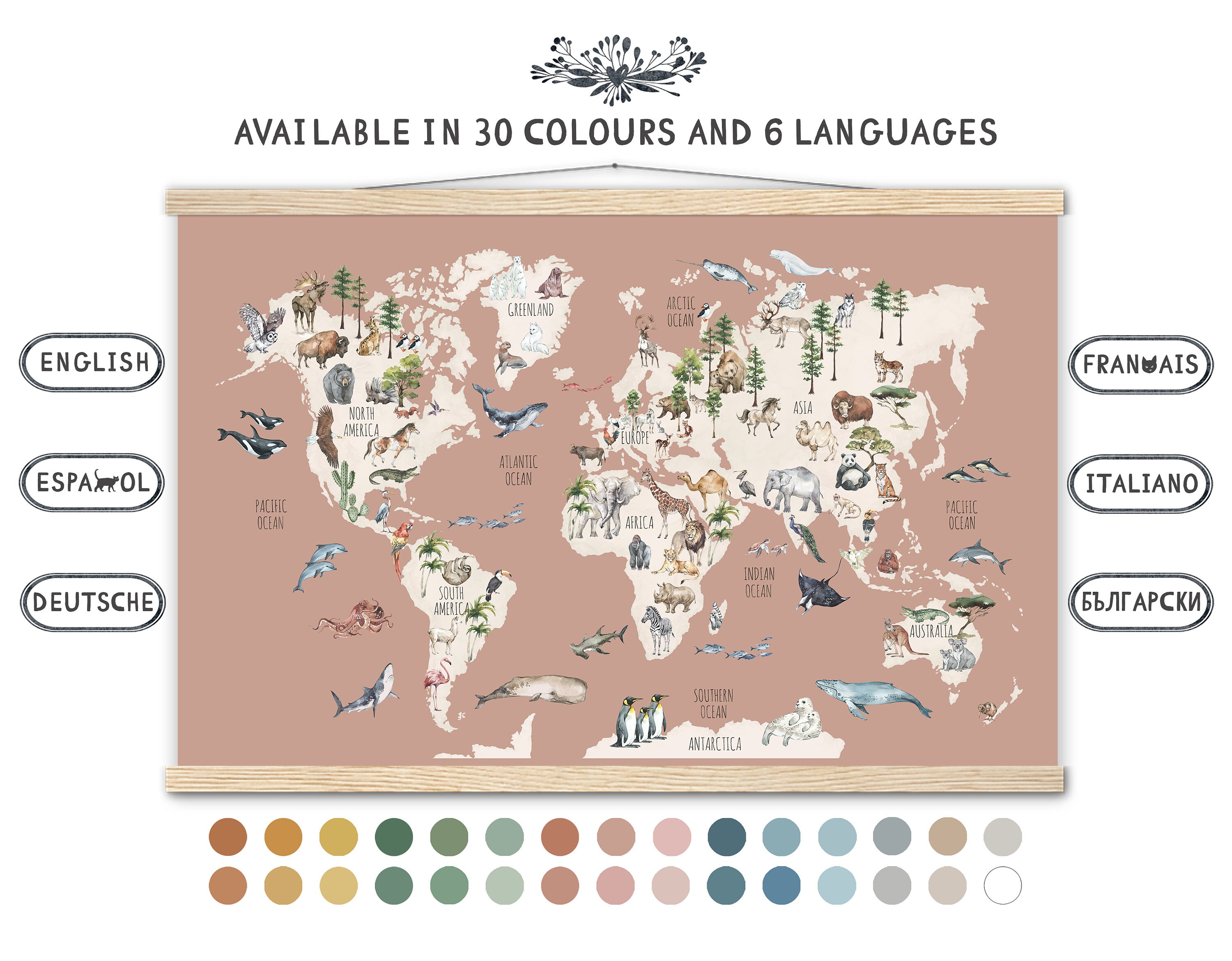 Affiche de La Carte Du Monde Pour Enfants/Carte Des Animaux Décoration Crèche Murale Chambre Art Mur