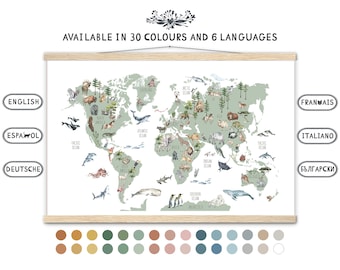 Watercolor Animal World Map Poster, Kids Nursery Decor