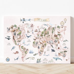 May include: A pink and white world map with watercolor illustrations of animals and ocean life. The map includes the text "Carte du Monde" in a banner at the top.