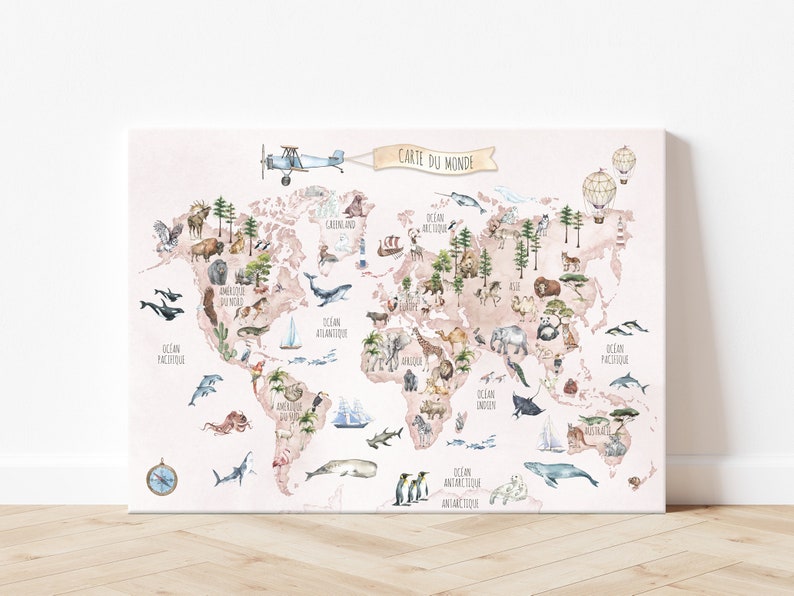 May include: A pink and white world map with watercolor illustrations of animals and ocean life. The map includes the text "Carte du Monde" in a banner at the top.