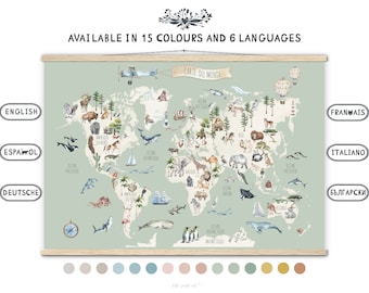 Animal World Map Poster / Children&#39;s Map / Nursery Decor / Kids Room Wall Art