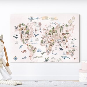 Watercolor Animal World Map Canvas, French Nursery Decor image 3