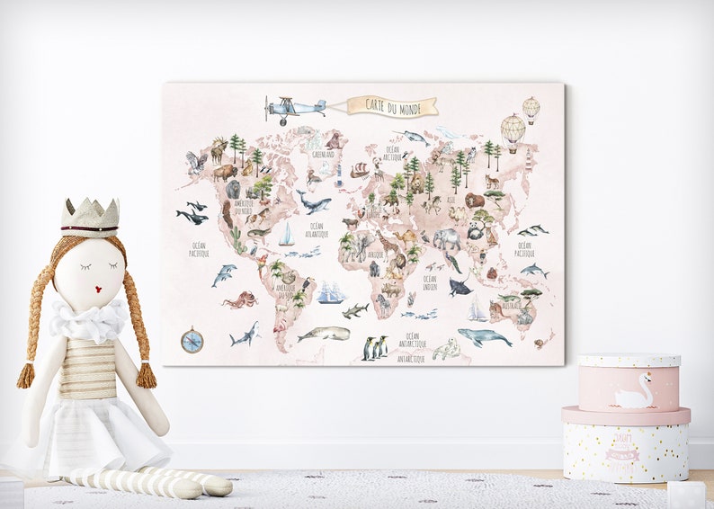 Watercolor Animal World Map Canvas, French Nursery Decor image 3