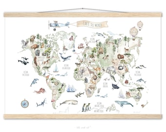 Affiche Carte du Monde / Mappemonde / Les Animaux du Monde / Decoration Chambre Enfant / Kids Wall Decor / Kids Wall Art / Kids World Map