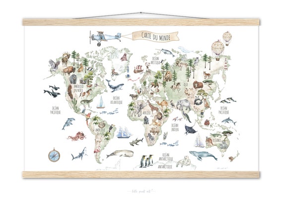 Carte Du Monde Poster / Mappemonde / Les Animaux Du Monde