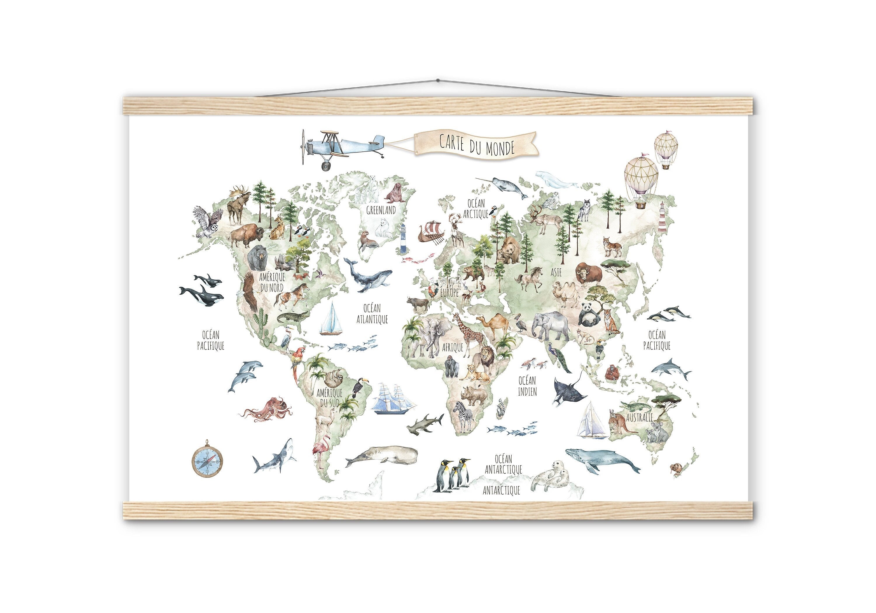Carte Du Monde Poster/Mappemonde Les Animaux Décoration Chambre Enfant Kids Wall Decor Art World Map