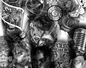 May include: Black and white collage featuring a tiger, wolf, leopard, a woman with clown makeup, a microphone, and a mandala design.