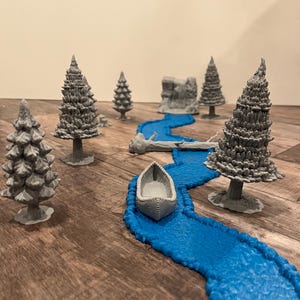 Forest waterfall river set, 7 trees, modular river, tree bridge, scatter, waterfall 28mm