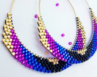 Grandes boucles d'oreilles créoles tissées en perles Miyuki ,créoles en acier inoxydable doré 45mm, doré fuchsia bleu cobalt noir intense