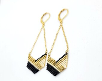 Boucles d'oreilles pendantes en acier inoxydable tissage graphique perles miyuki noir crème et or