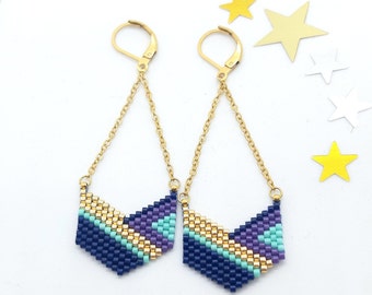 Boucles d'oreilles pendantes en acier inoxydable tissage graphique perles miyuki bleu marine violet turquoise et or
