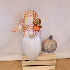 May include: A fall-themed gnome with a plaid hat in orange, yellow, and white, a white beard, and a small pumpkin and leaf embellishment. A decorative pumpkin with the word "thankful" sits nearby on a wooden crate.