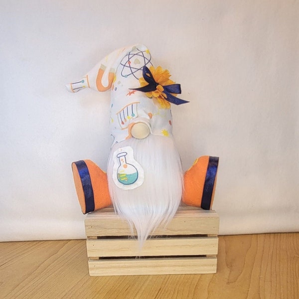 Scientist Sitting Gnome, Orange, Navy Blue, Yellow, Sock, Farmhouse, Handcrafted, Tiered Tray, Kitchen, Living Room, Accent, Chemistry