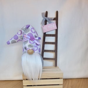 May include: A purple and gray gnome with a white beard sits on a wooden crate. The gnome is wearing a hat with white hearts and purple polka dots. A wooden ladder with a pink sign that says "BE MINE" is behind the gnome.