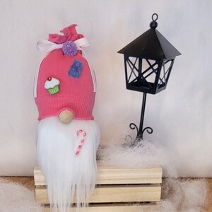 May include: A whimsical gnome doll with a pink hat adorned with a cupcake, gummy bear, and a purple glitter ball. The gnome has a white beard and a candy cane design. A black lantern stands nearby on a wooden crate, with faux snow around it.