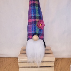 Pink/Purple/Blue/Green Plaid Flower Gnome, Handcrafted Farmhouse, Sock Gnome, Tiered Tray Accent, Shelf Sitter, Hostess Centerpiece