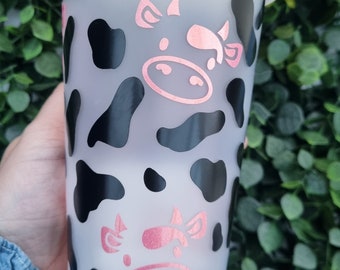 Cow print   cold cup, reusable cold cup, pink shimmer cows . Tumbler with lid and straw. Personalised cold cup