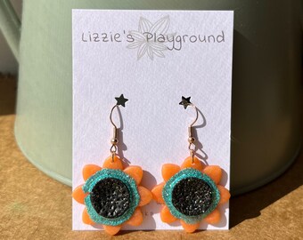 Apricot Orange and Sparkling Black Flower with Turquoise Glitter Dangle Earrings! Handmade Polymer Clay Earrings | Statement Piece