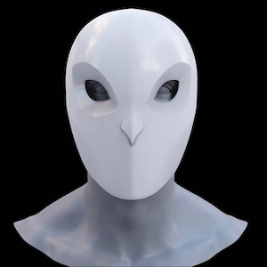 May include: A white owl mask with a smooth, glossy finish. The mask has large, stylized eye openings and a pointed beak. The mask is designed to fit over the face and neck, against a black background.