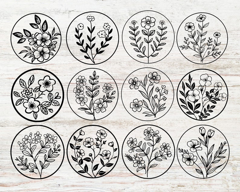 May include: Twelve black and white floral designs in circular frames. Each design features a different arrangement of flowers and leaves.