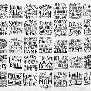 Peut inclure: Designs graphiques en noir et blanc sur le th&egrave;me du baseball. Le texte comprend des phrases comme "Le baseball est moins cher que la th&eacute;rapie", "Je serai toujours votre plus grand fan", "Ambiance jour de match", "Pr&eacute;visions du week-end : Baseball", "Vivre cette vie de maman de baseball" et "C'est une chose de baseball que vous ne comprendriez pas".