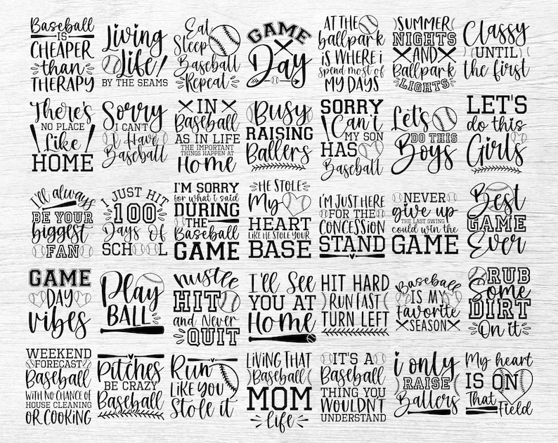 Peut inclure: Designs graphiques en noir et blanc sur le th&egrave;me du baseball. Le texte comprend des phrases comme "Le baseball est moins cher que la th&eacute;rapie", "Je serai toujours votre plus grand fan", "Ambiance jour de match", "Pr&eacute;visions du week-end : Baseball", "Vivre cette vie de maman de baseball" et "C'est une chose de baseball que vous ne comprendriez pas".