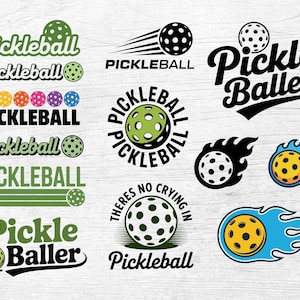 May include: A collection of pickleball-themed logos in various designs. The logos feature pickleball balls and the word "Pickleball" in different fonts and styles. Some logos include the phrase "Pickle Baller" and "There's no crying in Pickleball."