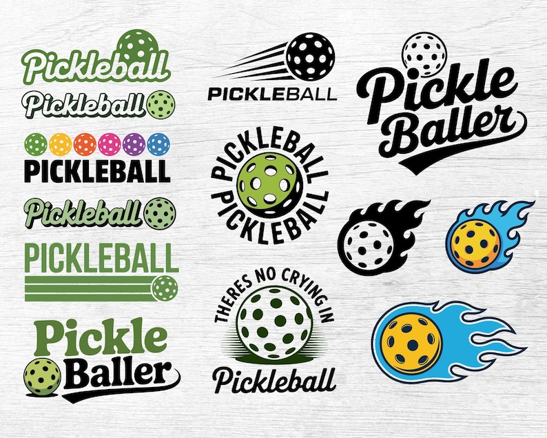 May include: A collection of pickleball-themed logos in various designs. The logos feature pickleball balls and the word "Pickleball" in different fonts and styles. Some logos include the phrase "Pickle Baller" and "There's no crying in Pickleball."