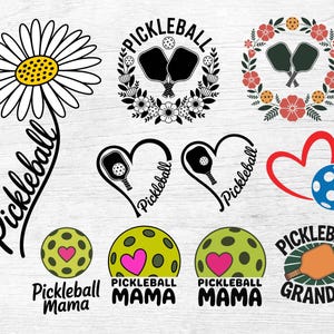 May include: A collection of pickleball-themed graphics. Designs include a daisy with the word "Pickleball", wreaths with paddles, hearts with paddles, a blue ball, and pickleballs with hearts. Text includes "Pickleball Mama" and "Pickleball Grandpa".