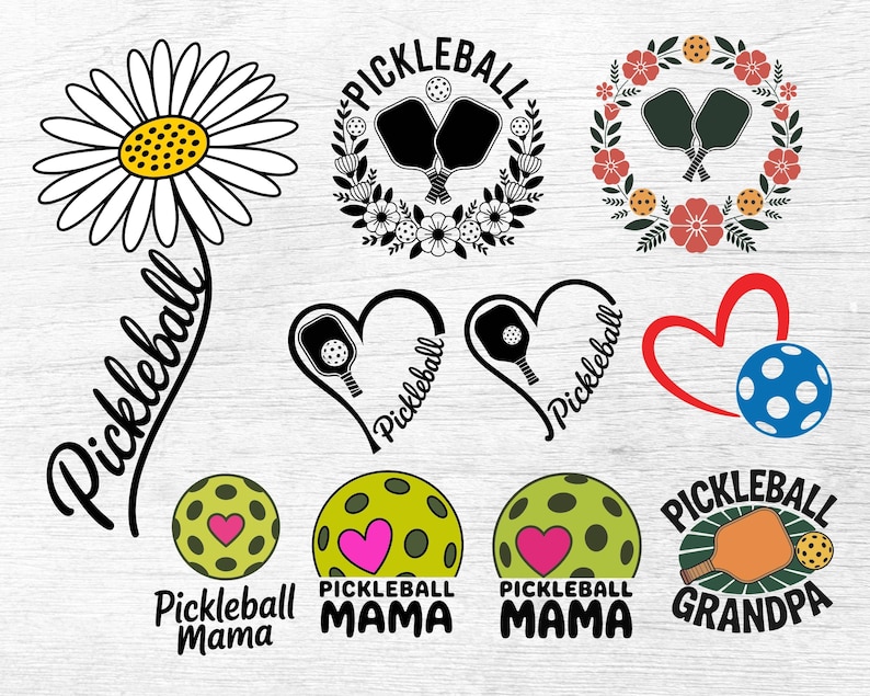 May include: A collection of pickleball-themed graphics. Designs include a daisy with the word "Pickleball", wreaths with paddles, hearts with paddles, a blue ball, and pickleballs with hearts. Text includes "Pickleball Mama" and "Pickleball Grandpa".