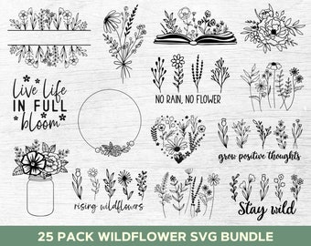 Flower Svg Bundle, Wildflower Svg Bundle, Floral Svg, Stay Wild Svg, Wild Flower Svg, Floral Frame Svg, Png, Shirt Svg Cut Files For Cricut
