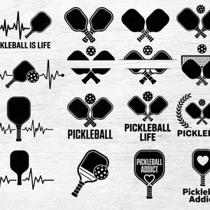 May include: A collection of black and white pickleball-themed graphics. Designs include paddles, balls, and text such as "Pickleball is Life" and "Pickleball Addict". The images are suitable for various applications.
