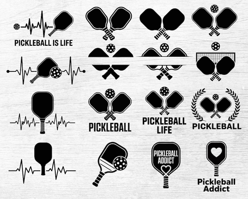 May include: A collection of black and white pickleball-themed graphics. Designs include paddles, balls, and text such as "Pickleball is Life" and "Pickleball Addict". The images are suitable for various applications.