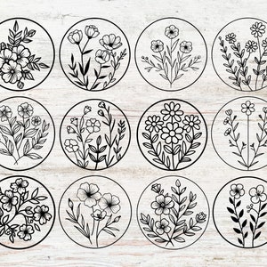 May include: Twelve black and white illustrations of different floral designs, each enclosed in a circle. The designs feature various types of flowers and leaves, creating a simple and elegant aesthetic.